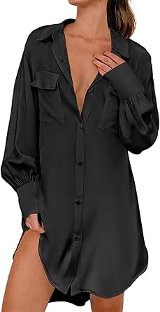 Ekouaer Women Satin Sleep Shirt Long Sleeve Nightgown Button Down Nightshirt Silk Sleepwear Soft Pajama Dress Sleep Dress