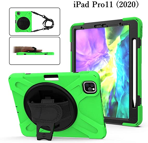 360 Degree Rotating iPad Pro 11 inch 2020 2nd Generation Case with Pencil Holder, Kickstand Shockproof Heavy Duty with Shoulder Strap Hand Strap (iPadPro11 (2020), Green)