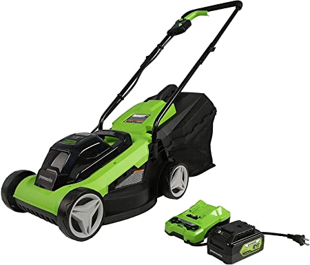 Greenworks 24V 13 inch Lawn Mower, 4Ah USB Battery and Charger Included MO24B410 (Improved VERSION/13 Mower, Improved VERSION/24V)