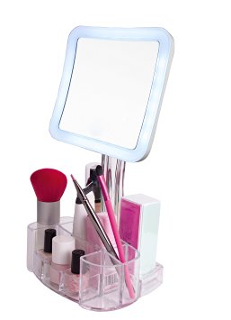Daisi 7X Magnifying Lighted Makeup Mirror, Powerful LED Lights, Swivel Stand, Vanity tray / Make up holder stand - Square