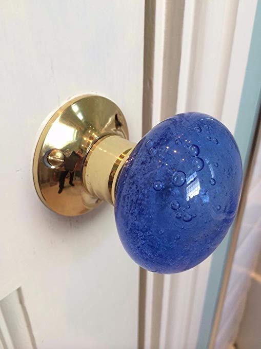 Beautiful Pair of Large Contemporary / Retro Round Blue smooth Bubble Glass BRASS Mortice Door Knobs / Handles PL