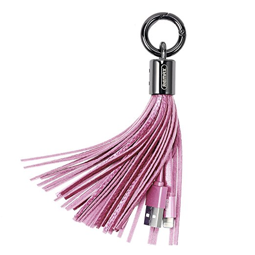 Lightning Cable Leather Tassel Keychain Ring Charging Cable/Lightning to USB Cable Fast Charger Cable, High Speed Portable Key Buckle Tassel Keychain Ring Charging Cable for iPhone, iPad, Bag (Pink)