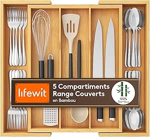 Lifewit Range Couverts pour Tiroir, Grand Plateau de Couverts Extensible pour la Cuisine, Support Réglable pour l'Argenterie et les Couverts, pour Outils et Gadgets, Naturel