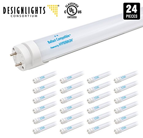 T8/T10/T12 LED 4FT Light Tube, Hyperikon, Dual-End Powered, Works with and without T8 ballast, 18W (40W equivalent), 4000K (Daylight Glow), Frosted Cover, UL-listed and DLC-qualified - 24-Pack
