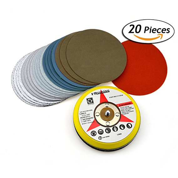 5-Inch Multiple Grits Aluminum Oxide Wet/Dry Hook and Loop Sanding Discs with a 5/16-24 Inch Thread Backing Pad   Soft Sponge Buffering Pad, 4-pieces Each of 60, 240, 600, 3000, and 10000 Grits