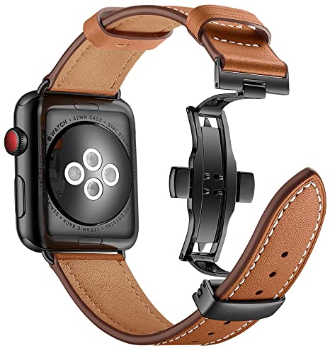 Myada Compatible for Apple Watch Strap 42mm 44mm Genuine Leather Sport Smart Watch Replacement Strap Wrist Strap Metal Butterfly Buckle Bracelet Wristband for 42mm 44mm iWatch Strap Series 4/3/2/1