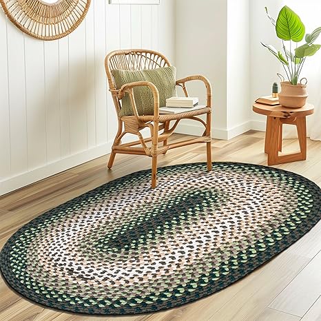 Super Area Rugs 7x9 Green - Ivory Oval Large Braided Rug for Farmhouse Style Bedrooms and Living Rooms