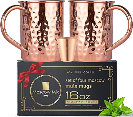 Moscow Mule Copper Mugs Set - FREE 2 Straws and Shot Glass - Set of 2 HandCrafted Food Safe Pure Solid Copper Mugs - Attractive GIFT BOX (Classic)