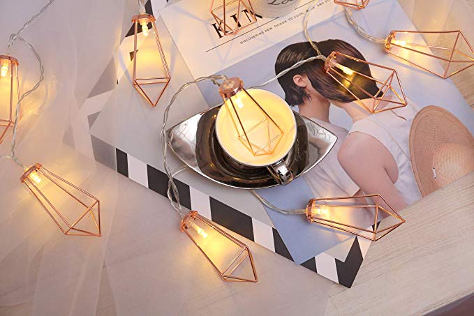 Zhuohao ZH10ft 20 LEDs Rose Gold Geometric Metal Diamond Shape Fairy String Lights,Water Drop Metal Cage String Lights USB Operated for Birthday,Wedding, Garden, Parties, Home Decor, Christmas.