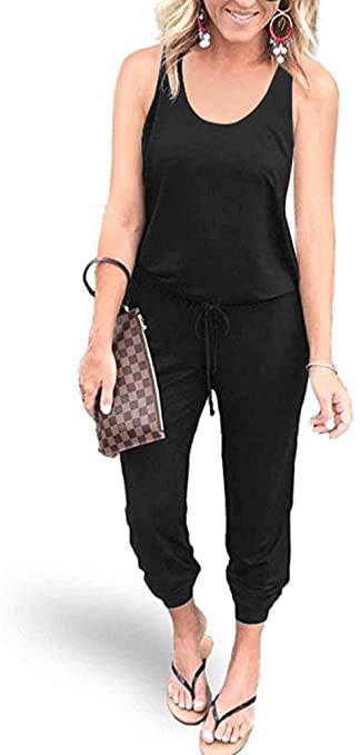 REORIA Women Summer Casual Sleeveless Tank Top Elastic Waist Loose Jumpsuit Rompers with Pockets