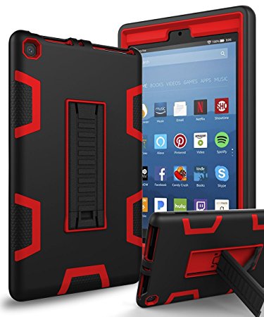 All-New Amazon Kindle Fire HD 8 (2017 7th Generation),Topsky Three Layer Armor Defender Full Body Protective Case Cover For Amazon Kindle Fire HD 8",Black/Red