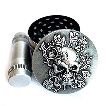 KW Collection Zinc Alloy Spice Grinder Grater Silver 2"/50mm 4 Pieces with Free Pollen Presser and Pollen Catcher (2"×1.6", 4 pieces, with a pollen presser, Antique Silver, Skull Head Designed on top)