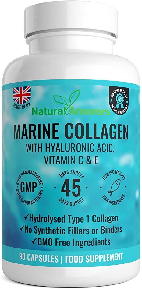 Marine Collagen 1000mg - 90 Capsules of Superior Type 1 Hydrolysed Collagen - Enhanced with Hyaluronic Acid, Vitamin C, Vitamin E, Vitamin B2, Zinc, Copper and Iodine - Made in The UK
