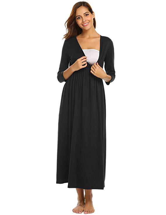 Skylin Cotton Nursing Nightgown Women V-Neck 3/4 Sleeve Solid Wraped Ruched Maternity Pregnant Nightdress S-XXL