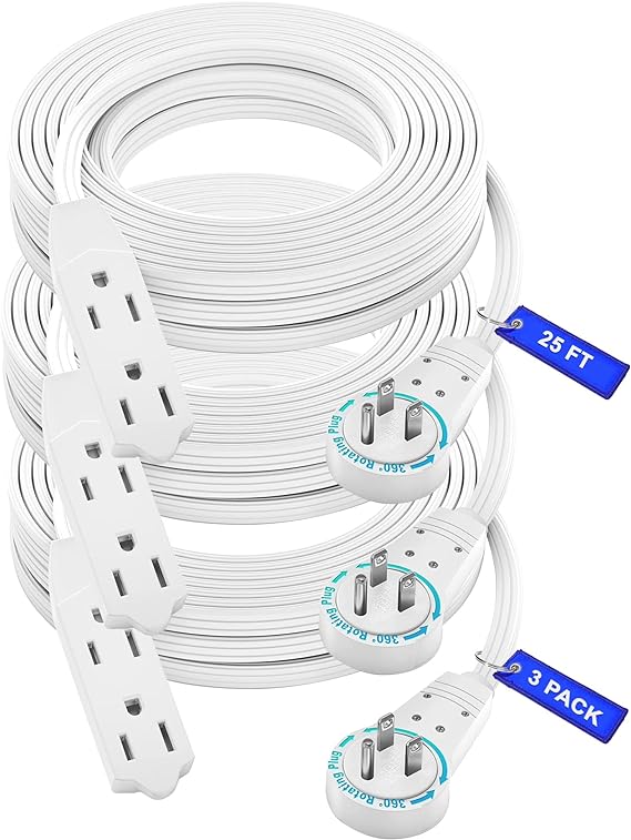 Maximm Cable 25 Ft 360° Rotating Flat Plug Extension Cord/Wire, 16 AWG Multi 3 Outlet Extension Wire, 3 Prong Grounded Wire - White - 3 Pack - UL Certified