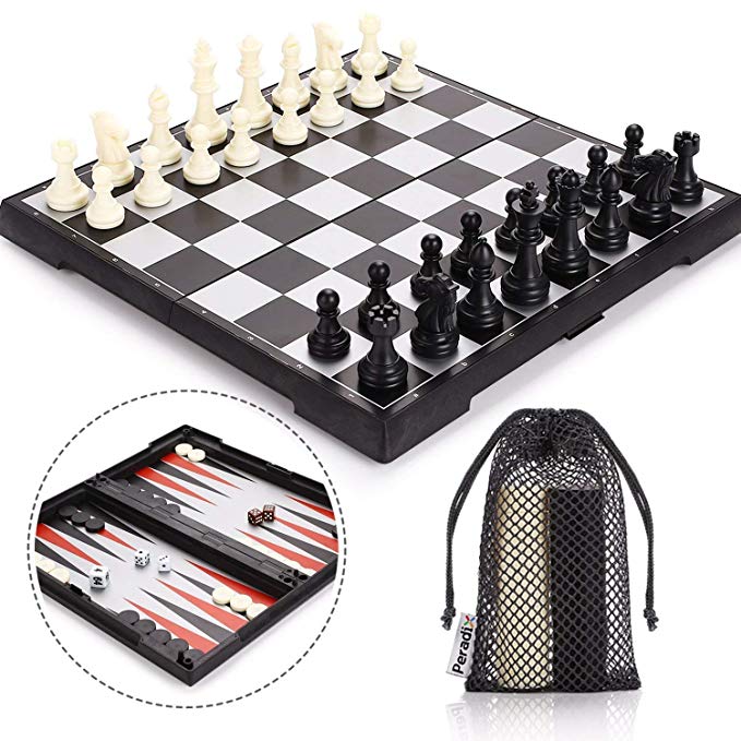 Peradix Chess Set 3 In 1 Multifunctional Board Games - Chess & Backgammon & Draughts/Checkers Set for Kids from 6 years and Adults Magnetic Chess Pieces Foldable Chess Board 30.5 x 30.5 cm Made of WPC