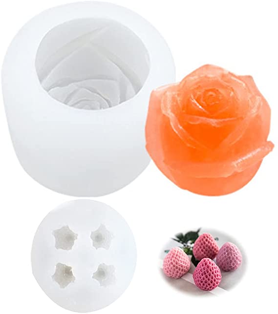 2.5 inch Rose & Mini Strawberry Ice Cube Cream Mousse Cake Mold Freezer Whiske Ball, Maker Bar Tools, handmade Soap, Candle, Chocolate Pudding Fondant Sugar Craft Decoration Baking, Cake Cup Topper；L