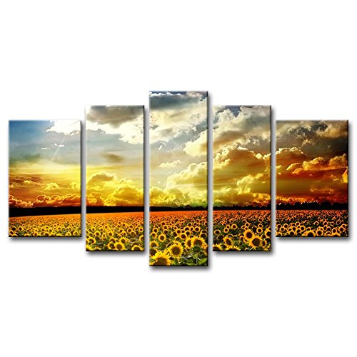 So Crazy Art-5 Panel Yellow Orange Wall Art Painting Beautiful Yellow Sunflowers Colourful Sky Background Golden Sunset Pictures Prints On Canvas Flower The Picture Decor Oil For Home Modern Deco