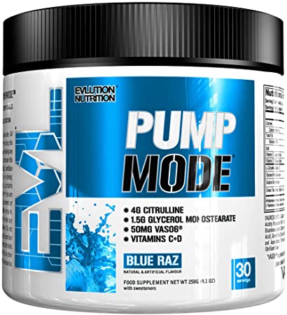 Evlution Nutrition Pump Mode Nitric Oxide Booster to Support Intense Pumps, Performance and Vascularity, 30 Servings (Blue Raz)
