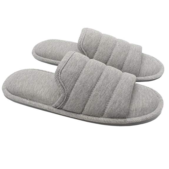 Ofoot Men's Knitted Breathable Cotton Slip on Flat Slippers for Men Open Toe Soft Memory Foam Indoor Sandals