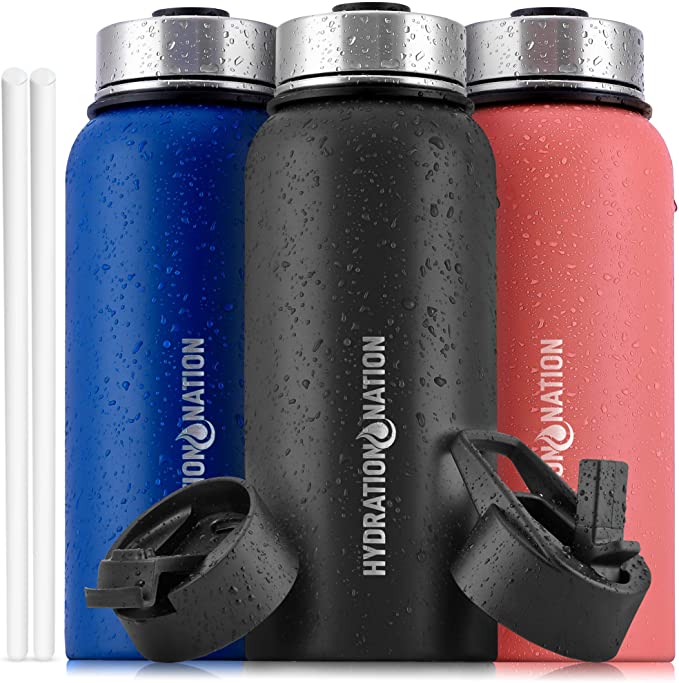 Hydration Nation Sports Water Bottle 3 Lids Midnight Black 32oz