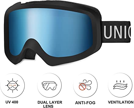 Unigear Ski Goggles, OTG Snowboard Goggles UV400 Production Double Lenses Anti-fog Helmet Compatible Windproof Snow Goggles for Women Men Junior