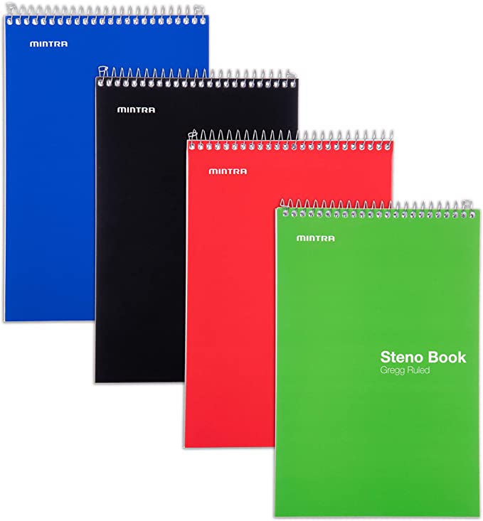 Mintra Office Steno Books - (Primary 4PK, Green Tint Paper, Gregg Ruled) - 6inx9in, 70 Sheets