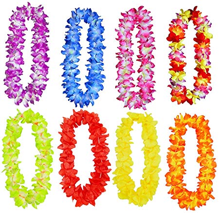 8pcs Hawaiian Hula Leis Dance Garland Artificial Flowers Neck Loop for Luau Party Costumes(8 Colors,Thickened)