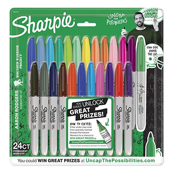 Sharpie Permanent Markers, Fine Point, Aaron Rodgers Special Edition, Assorted Colors, 24 Count