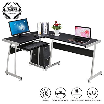 Computer Desk,LASUAVY L-Shaped Large Corner PC Laptop Desk Study Table Workstation with Sliding Keyboard and CPU Stand for Home and Office Use Wood& Metal-Black