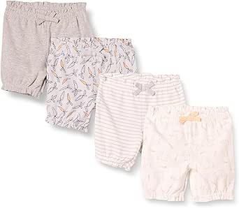 Amazon Essentials Baby Girls' Bloomer Shorts, Pack of 4, Dark Grey Carrots/Grey/Ivory Bunny/Light Grey Stripe, 3-6 Months