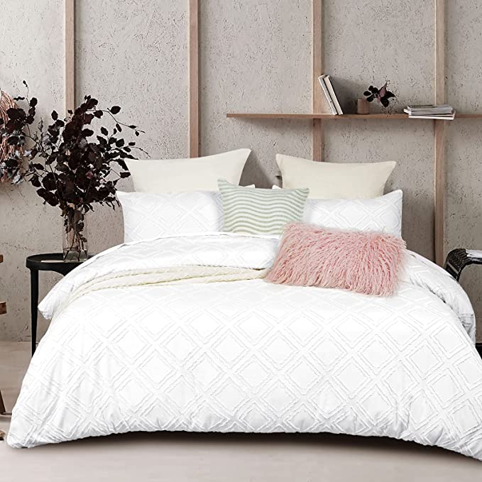 PHF Tufted Duvet Cover Set Full, 3 PCS Ultra Soft Fluffy Boho Comforter Cover with Pillow Shams, 100% Washed Microfiber Fabric Duvet Cover with Diamond Pattern(80”x90”, Full Size, White)