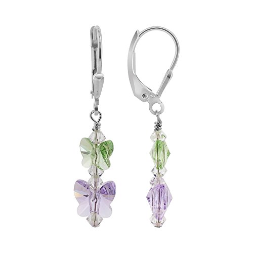 SCER160 Sterling Silver Green and Purple Butterfly Swarovski Crystal Elements Dangle Earrings