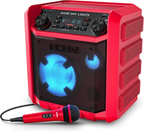 ION Audio Tailgater Game Day Lights High-Power Portable Bluetooth Party Speaker System & Karaoke Machine, AM FM Radio, Rechargeable Battery, Handle & USB Charging, Lights & Microphone  (Red Edition)