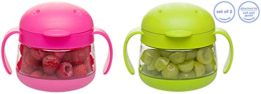 Ubbi cute BPA-free twin pack tweat snack container with attached lid and soft spill-proof guard, Pink/Green