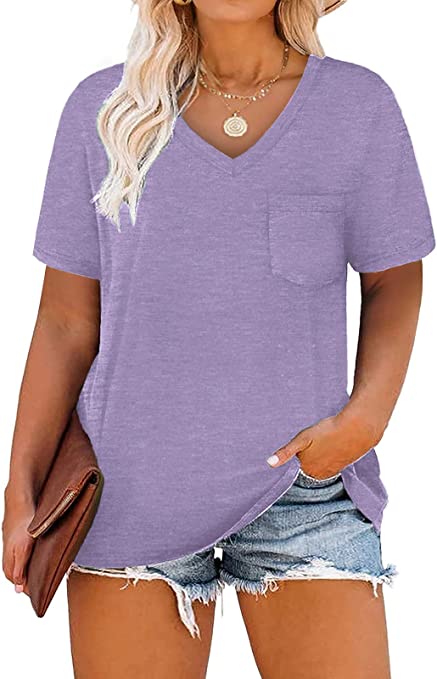 VOGRACE Womens Plus-Size Tops Summer V Neck Shirts Short Sleeve Tees with Pocket