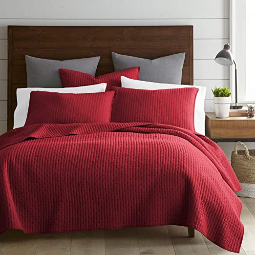 Levtex Home - Cross Stitch Quilt Set - 100% Cotton - King Quilt (106x92in.) + 2 King Shams (36x20in.) - Chile Red