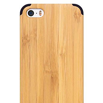 iPhone 5/5S/SE WOOD Case - iCASEIT Slimfit Lightweight Unique Grain Hybrid Snap-On Protective Shockproof Drop proof Bumper Protection Real WOODEN Cover for Phone SE / 5S / 5 - Bamboo / Black