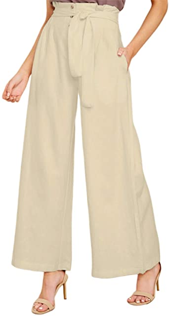 FLORHO Women Wide Leg Bottom Pants High Waisted Paper Bag Pants Casual Trousers with Pockets