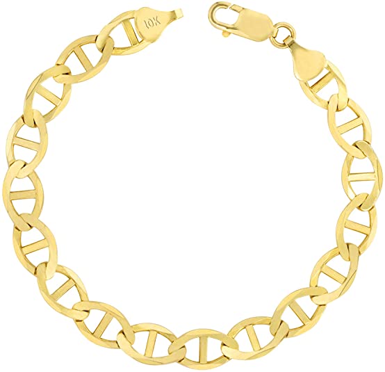 Men's 10K Yellow Gold Solid 9mm Anchor Mariner Link Chain Bracelet, 8"- 9"