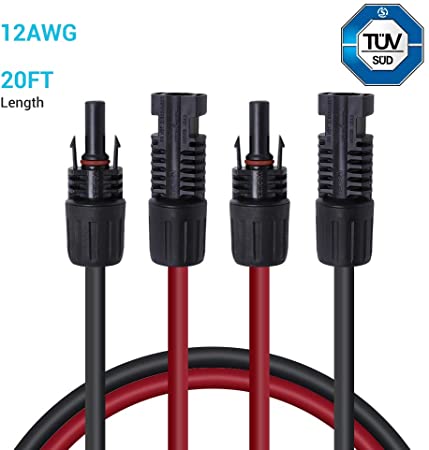 Renogy 20FT 12AWG Solar Panel Extension Cable with MC5 Female and Male Connectors, 20Ft. 12AWG, 1 Pair 20' 12 Gauge Red and Black