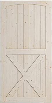 SmartStandard 42in x 84in Sliding Barn Wood Door Pre-Drilled Ready to Assemble, DIY Unfinished Solid Spruce Wood Panelled Slab, Interior Single Door Only, Natural, Arc & Single X-Frame (Fit 8FT Rail)