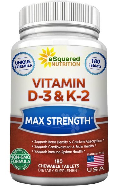 Vitamin D3 with K2 Supplement - 180 Chewable Tablets, Max Strength D-3 Cholecalciferol & K-2 MK7 to Support Healthy Bones, Teeth, Heart - Antioxidant D 3 & K 2 MK-7 Energy Formula for Men Women Teens