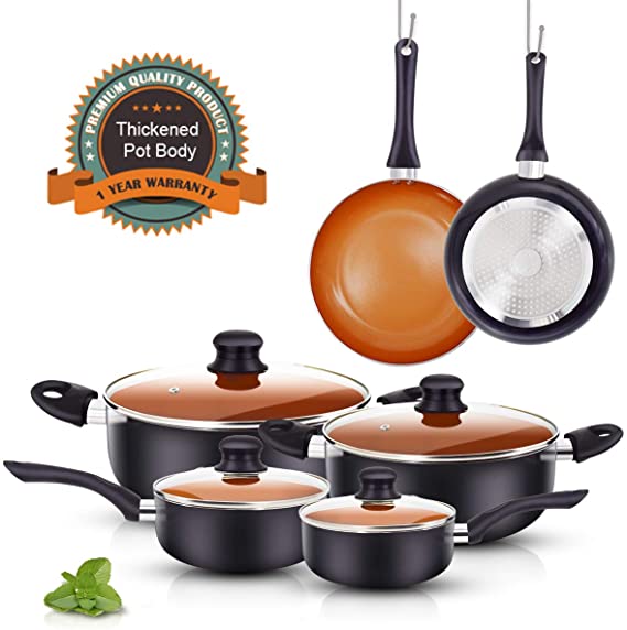 FRUITEAM 10pcs Cookware Set Ceramic Nonstick Soup Pot, Milk Pot and Frying Pans Set, Copper Aluminum Pan with Lid, Induction Gas Compatible, 1 Year Warranty Mothers Day Gifts for Wife…