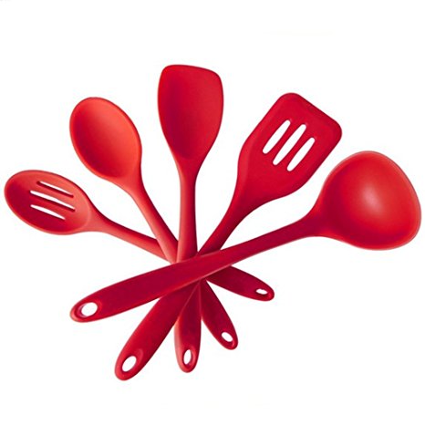 Premium Silicone Baking Set, Kitchen Cooking Utensil Set (5 Piece) with Hygienic Solid Coating, Heat Resistant Cooking Utensils (Cherry Red)