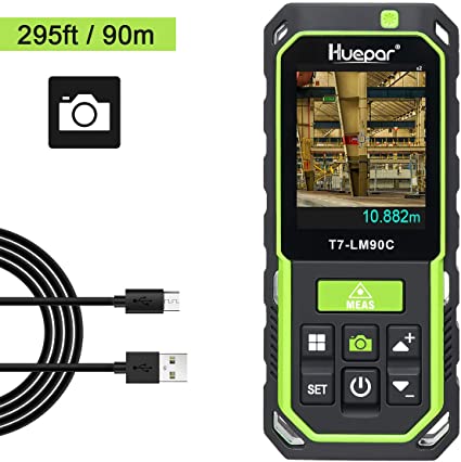 Huepar Laser Distance Meter with Camera 2X/4X Zoom, 295Ft High Accuracy Rechargeable Laser Measure M/In/Ft with 17 Measurement Modes-Pythagoras, Stake Out, Tilt Sensor, Color Backlit Display- LM90C