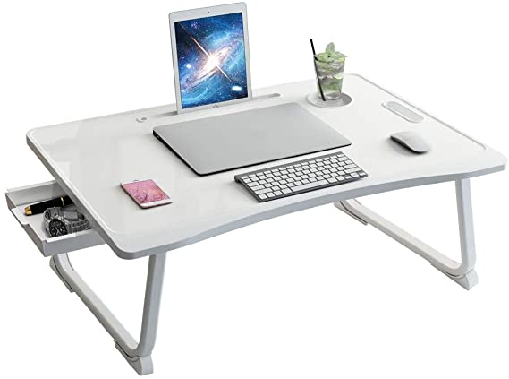 Laptop Desk, Portable Laptop Bed Tray Table Notebook Stand Reading Holder with Foldable Legs, Lap Desk for Eating and Working in Sofa and Couch, White
