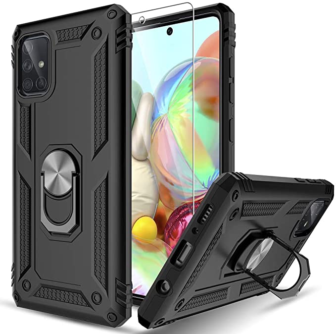 LK Case compatible with Samsung Galaxy A71, Rotating Ring Kickstand Rugged Shockproof Tough Armor Protector Phone Cover with 1 Pack Tempered Glass Screen Protector for Samsung Galaxy A71 - Black