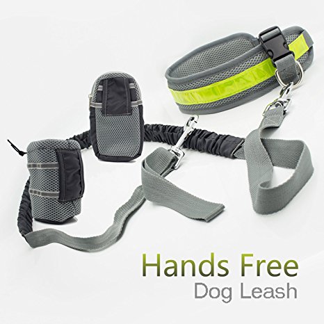 Roadwi Hands Free Dog Leash with Adjustable Waist Belt and Storage Bags, Lightweight Bungee Dog Leash for Running, Hiking, Walking and Jogging