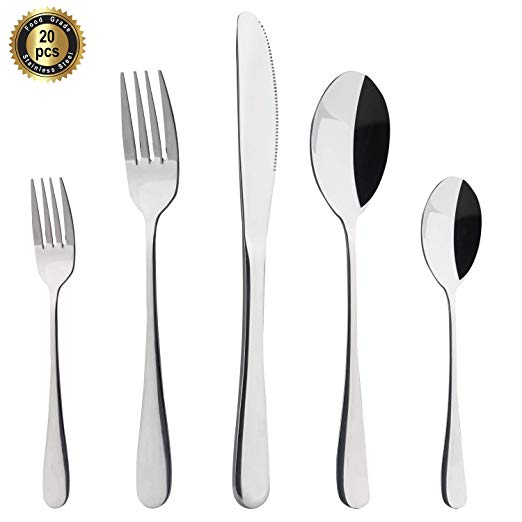 HF HOFTEN Silverware Set, Silver 20 Piece Food Grade Stainless Steel Flatware Set Include Fork Spoon Knife Utensils for Daily Use and Party, Service for 4, Anti Rust, Safe in Dishwasher (HD822-S)
